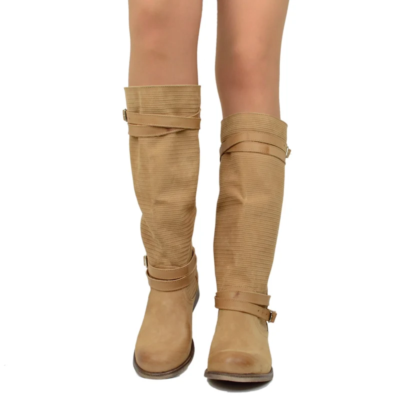 Stivali Estivi Donna in Pelle Nabuk Vintage Zigrinati Terra