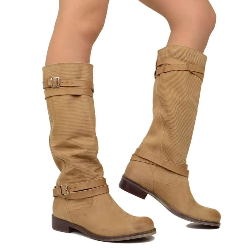 Stivali Estivi Donna in Pelle Nabuk Vintage Zigrinati Terra