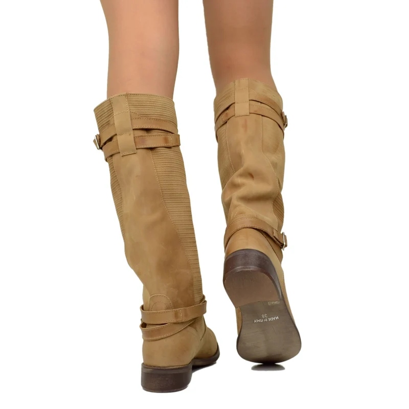 Stivali Estivi Donna in Pelle Nabuk Vintage Zigrinati Terra