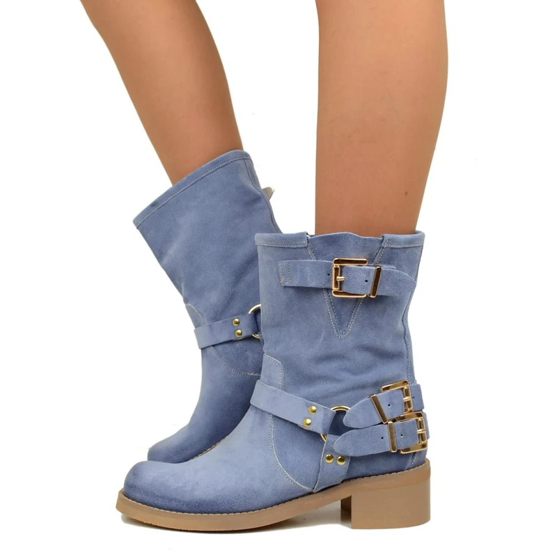 Stivaletti Donna in Pelle Scamosciata Blu con Punta Squadrata