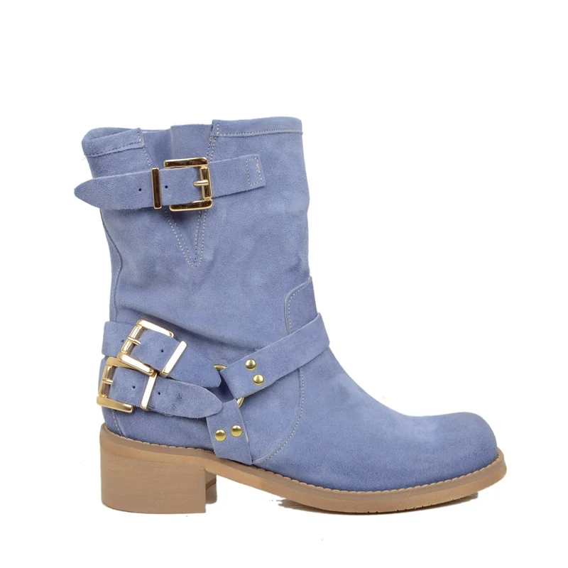 Stivaletti Donna in Pelle Scamosciata Blu con Punta Squadrata