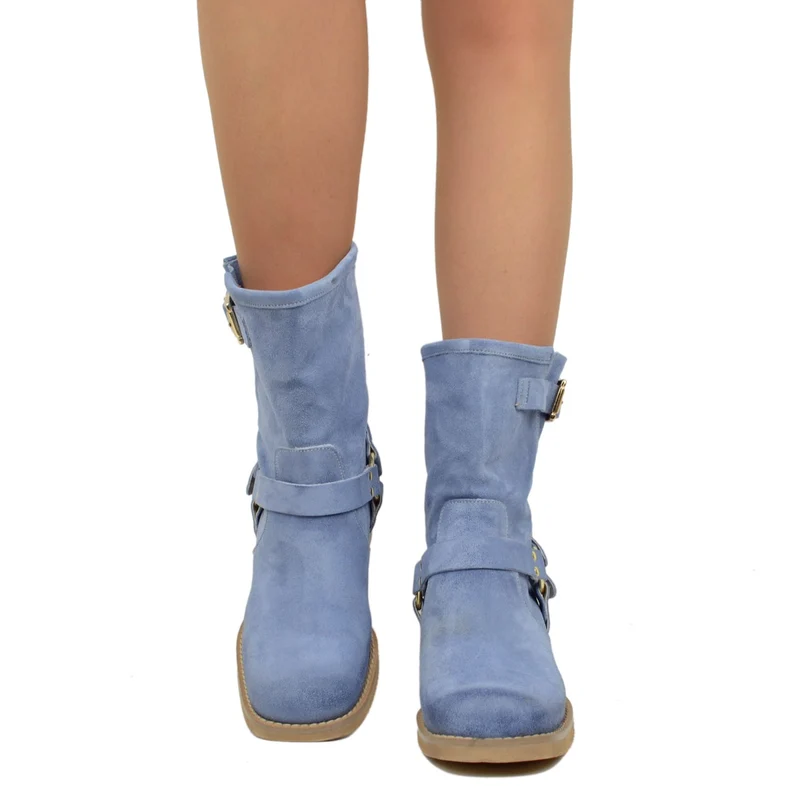 Stivaletti Donna in Pelle Scamosciata Blu con Punta Squadrata