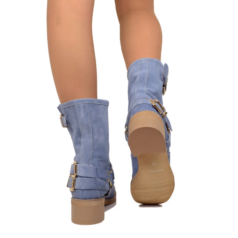 Stivaletti Donna in Pelle Scamosciata Blu con Punta Squadrata
