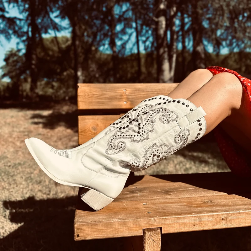 Stivali Texani Donna Estivi in Pelle Bianchi con Borchie