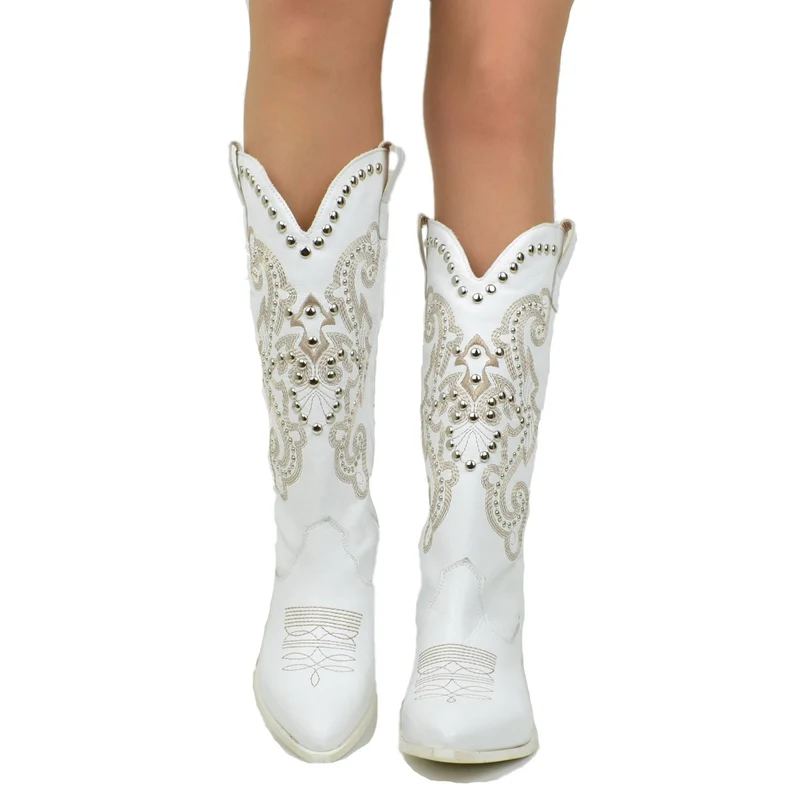 Stivali Texani Donna Estivi in Pelle Bianchi con Borchie