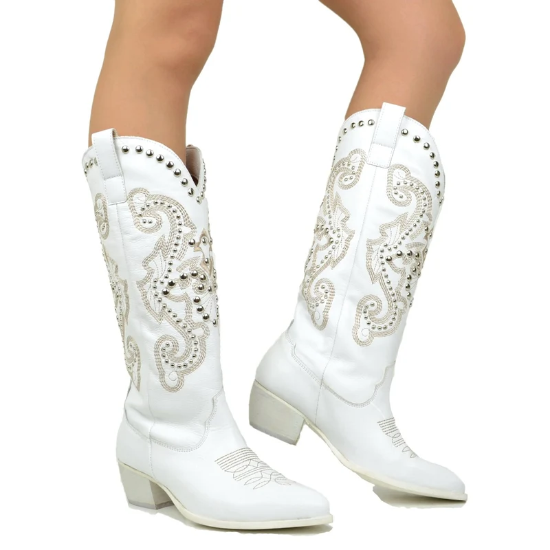 Stivali Texani Donna Estivi in Pelle Bianchi con Borchie