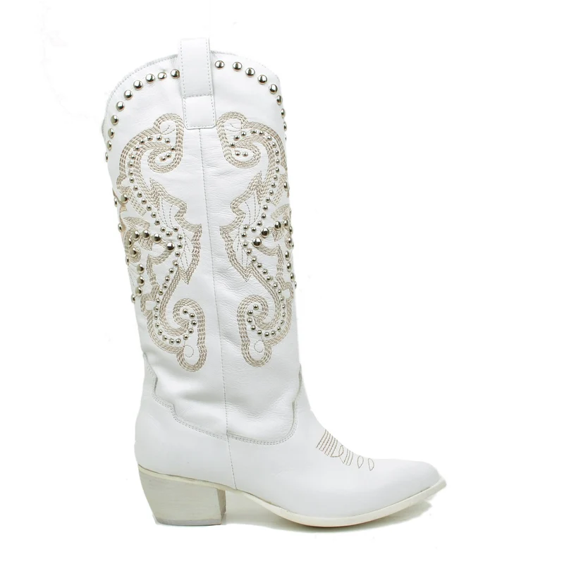 Stivali Texani Donna Estivi in Pelle Bianchi con Borchie