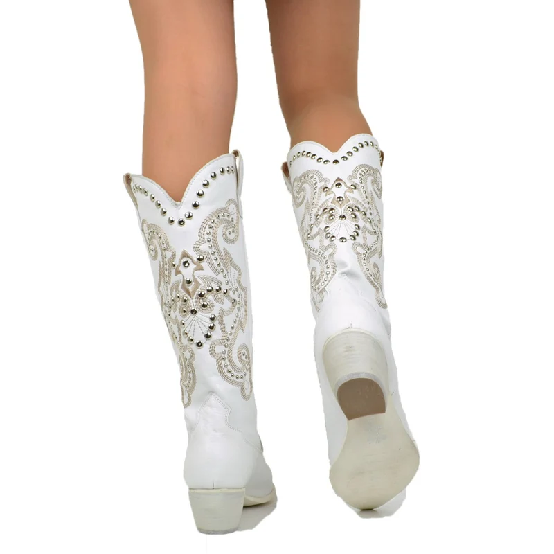 Stivali Texani Donna Estivi in Pelle Bianchi con Borchie
