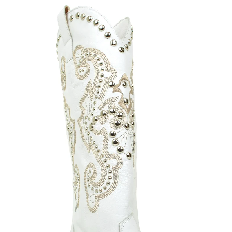 Stivali Texani Donna Estivi in Pelle Bianchi con Borchie