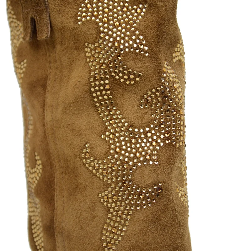Stivali Texani Eleganti con Strass in Pelle Scamosciata Taupe