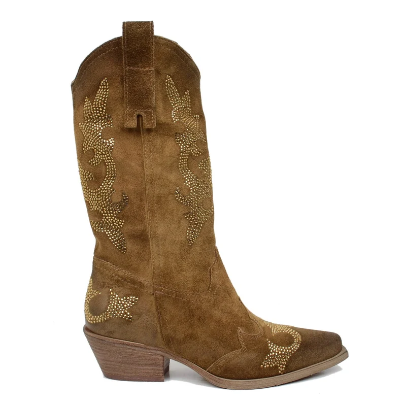 Stivali Texani Eleganti con Strass in Pelle Scamosciata Taupe