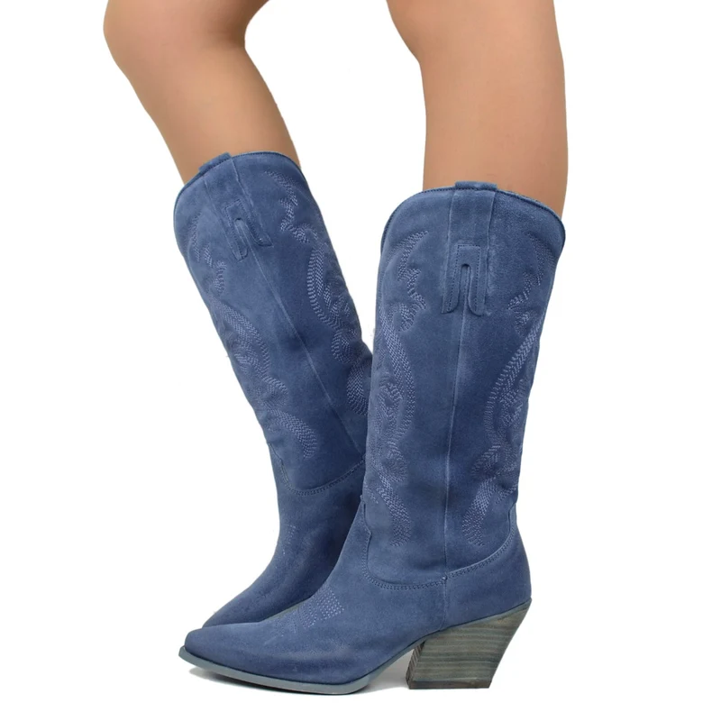 Stivali Donna Texani Jeans in Pelle Scamosciata con Ricami
