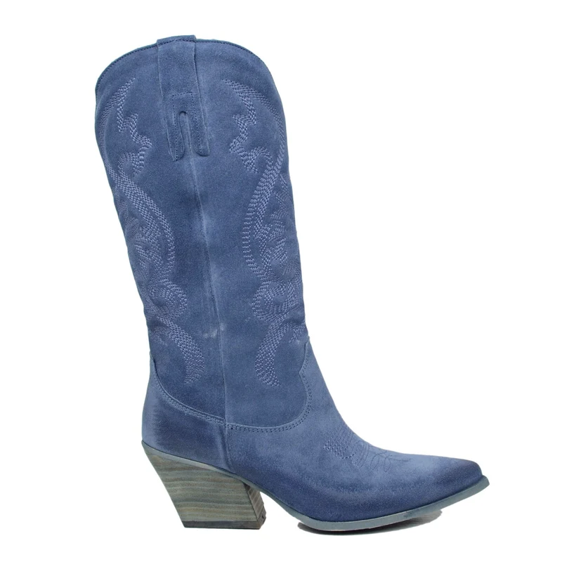 Stivali Donna Texani Jeans in Pelle Scamosciata con Ricami