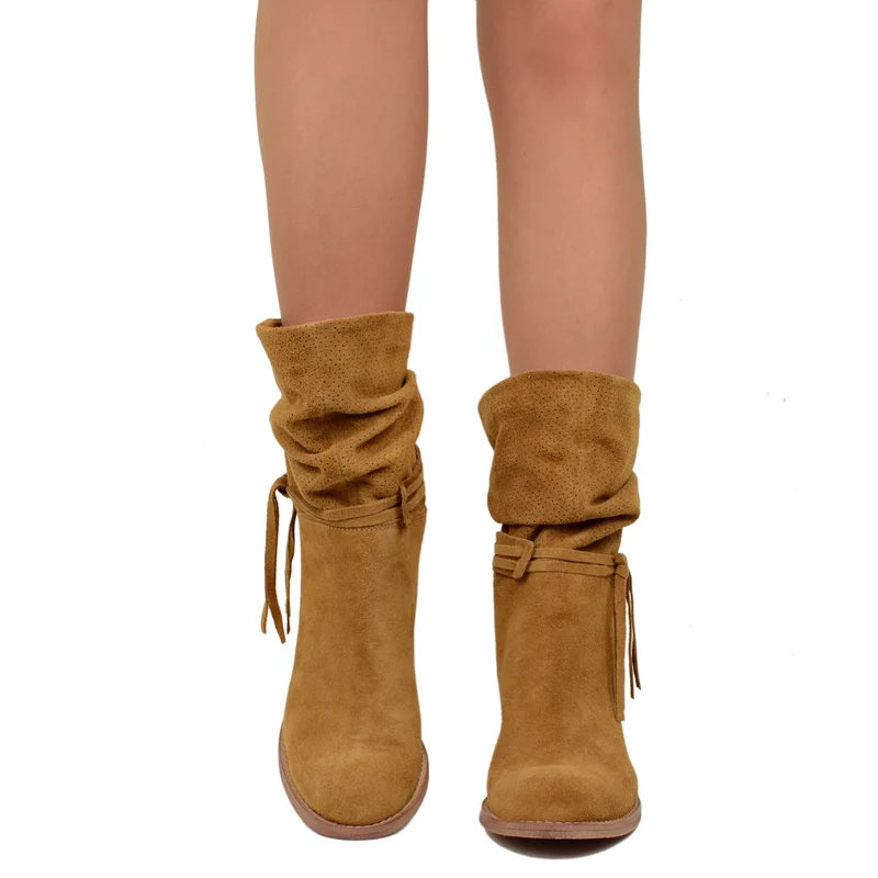 Stivaletti Donna in Pelle Cuoio Scamosciati Traforati Made in Italy