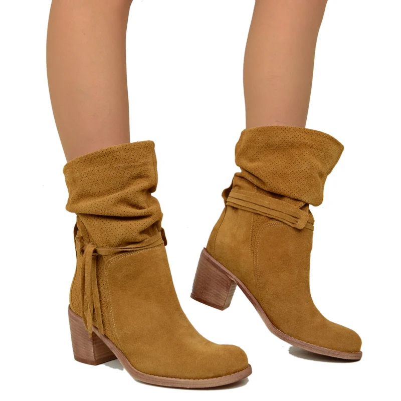 Stivaletti Donna in Pelle Cuoio Scamosciati Traforati Made in Italy