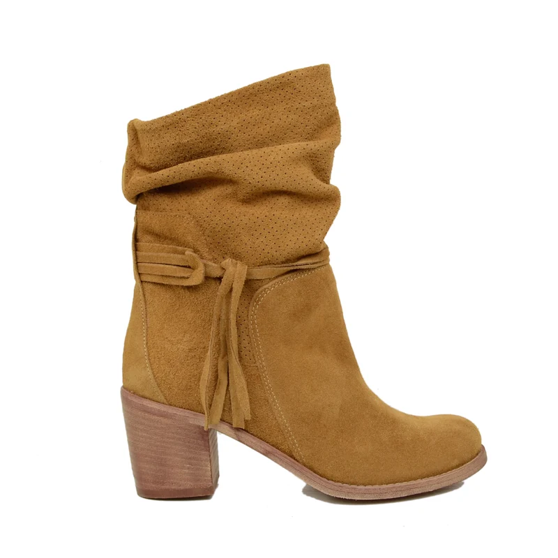 Stivaletti Donna in Pelle Cuoio Scamosciati Traforati Made in Italy