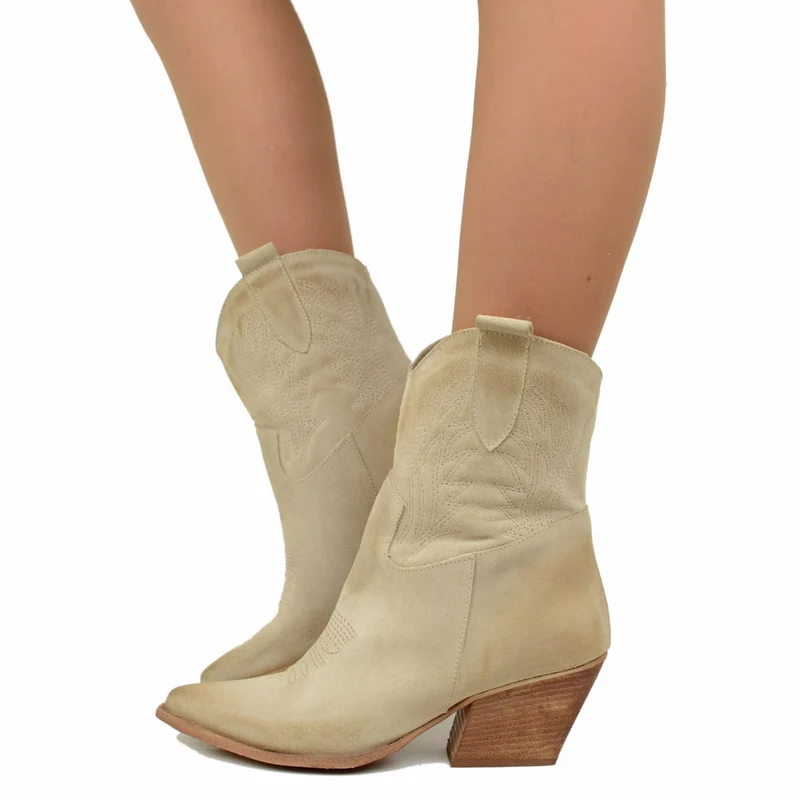 Stivali Texani Donna Estivi in Pelle Scamosciata Beige con Cuciture