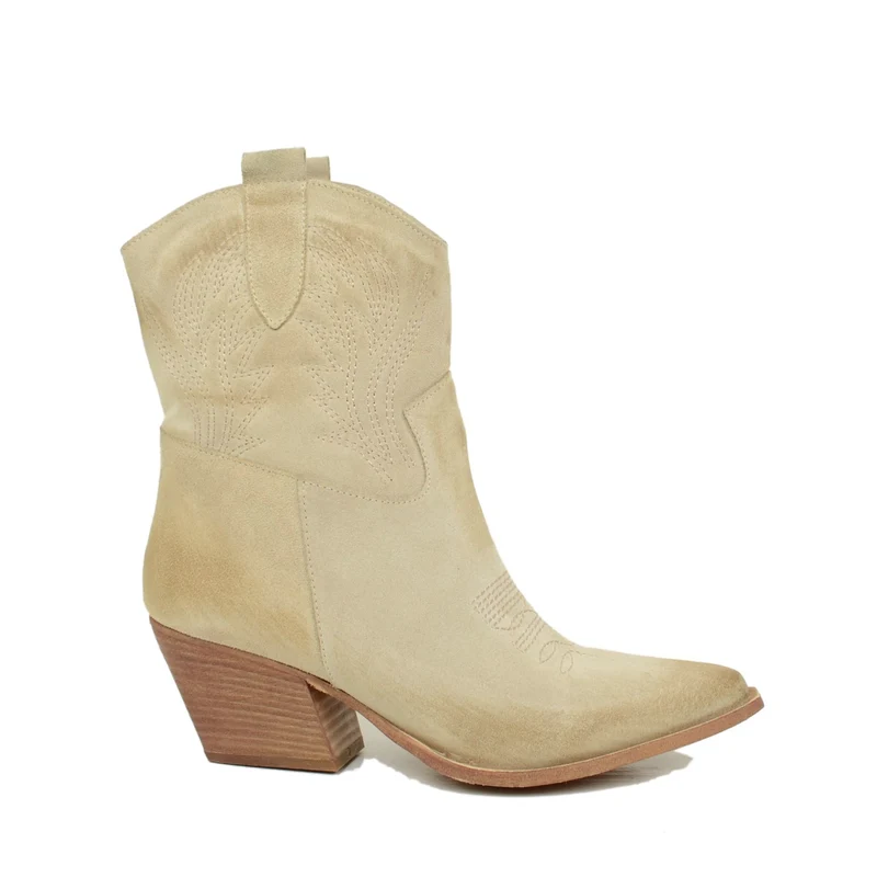 Stivali Texani Donna Estivi in Pelle Scamosciata Beige con Cuciture