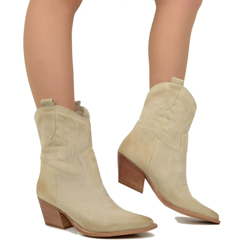 Stivali Texani Donna Estivi in Pelle Scamosciata Beige con Cuciture