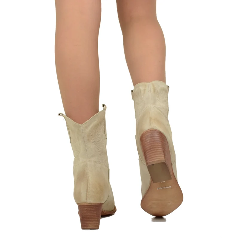 Stivali Texani Donna Estivi in Pelle Scamosciata Beige con Cuciture