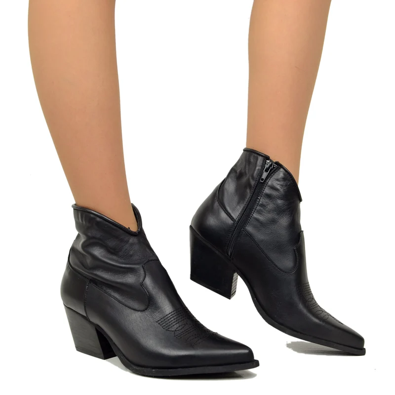 Stivaletti Texanini alla Caviglia Donna in Pelle Cuciture Neri Made in Italy