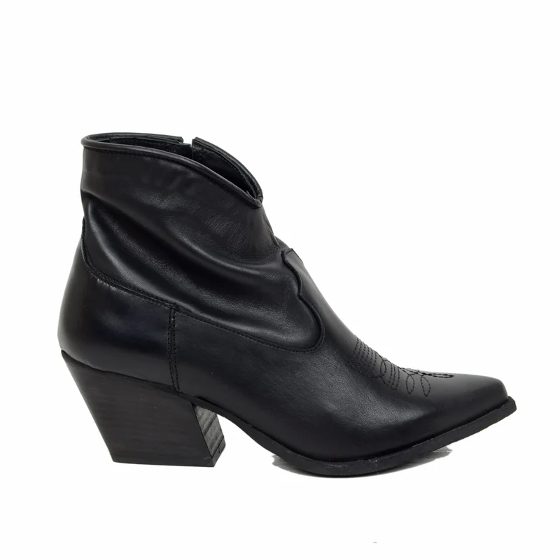 Stivaletti Texanini alla Caviglia Donna in Pelle Cuciture Neri Made in Italy