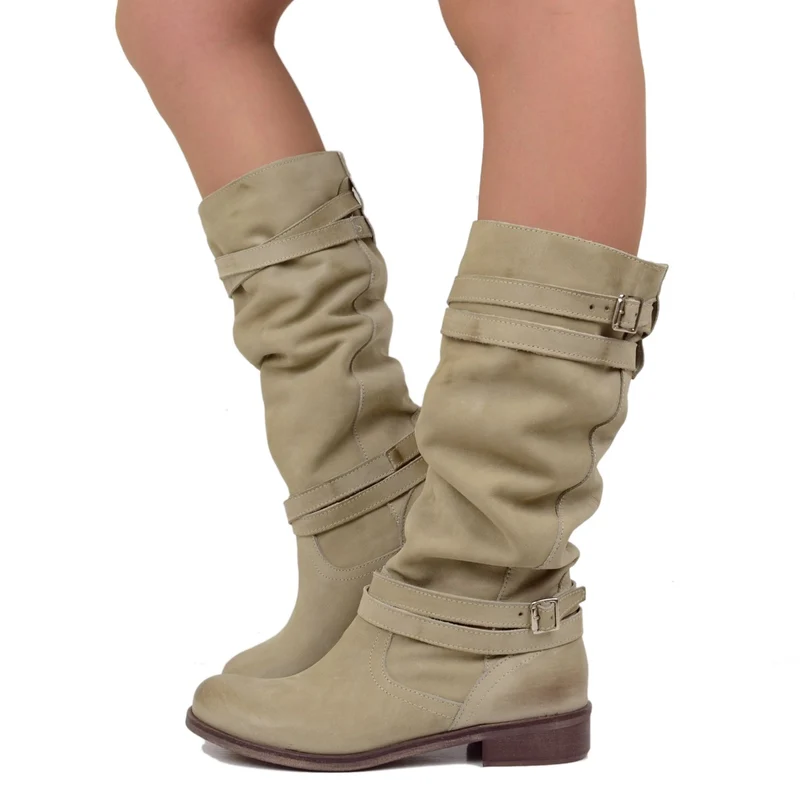 Stivali Donna Biker Estivi in Pelle Nabuk Taupe Made in Italy