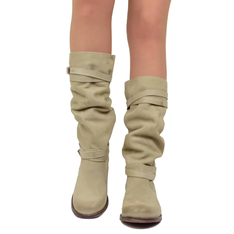Stivali Donna Biker Estivi in Pelle Nabuk Taupe Made in Italy