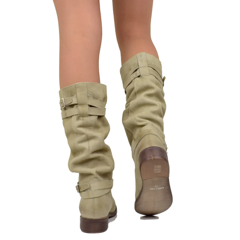 Stivali Donna Biker Estivi in Pelle Nabuk Taupe Made in Italy