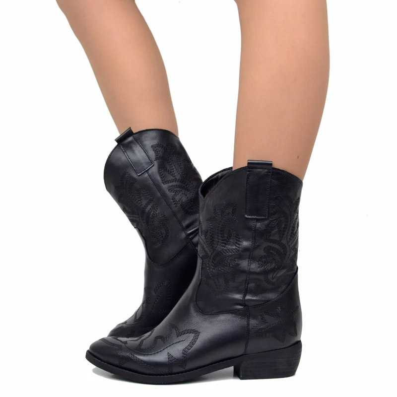Stivali Texani Donna Neri Estivi con Cuciture Made in Italy