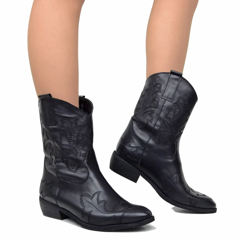 Stivali Texani Donna Neri Estivi con Cuciture Made in Italy