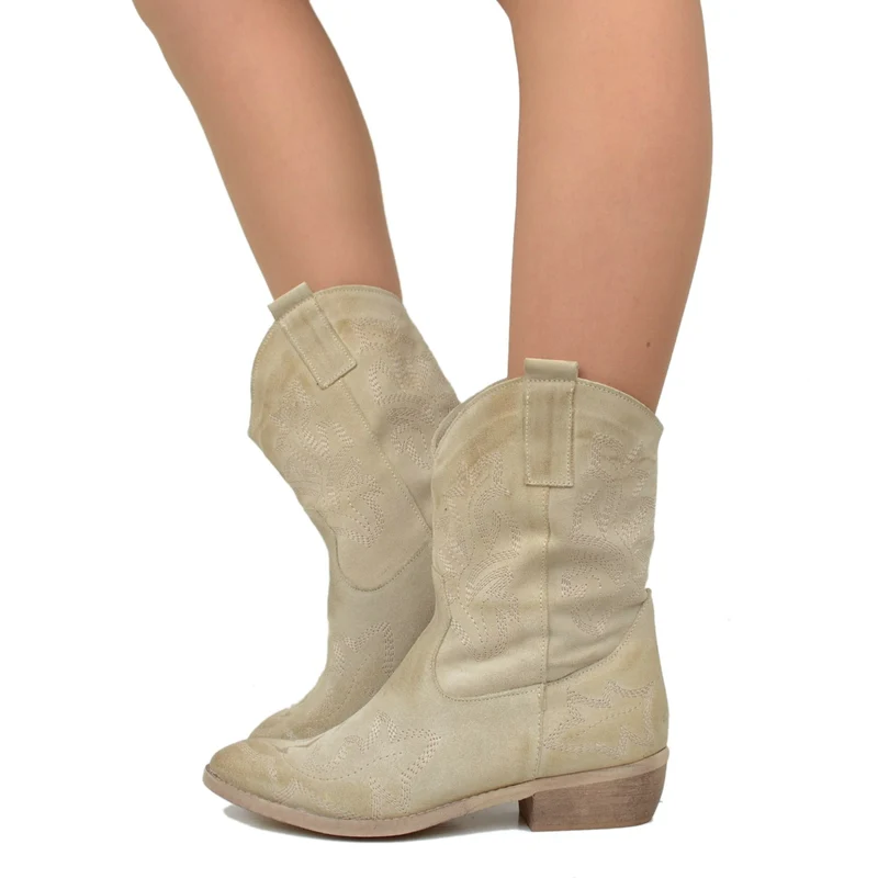 Stivali Texani Donna Estivi in Pelle Beige con Cuciture