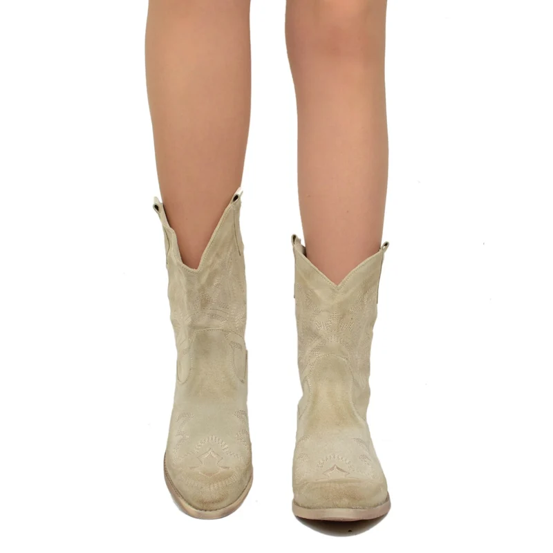 Stivali Texani Donna Estivi in Pelle Beige con Cuciture