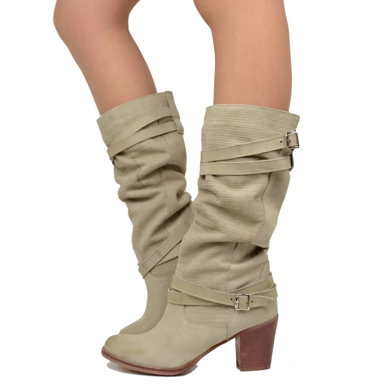 Stivali Donna in Pelle Nabuk Zigrinata Taupe Made in Italy