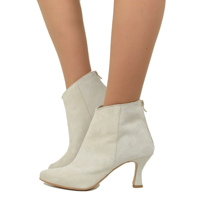 Stivaletti Donna Estivi in Pelle Scamosciata Beige con Zip