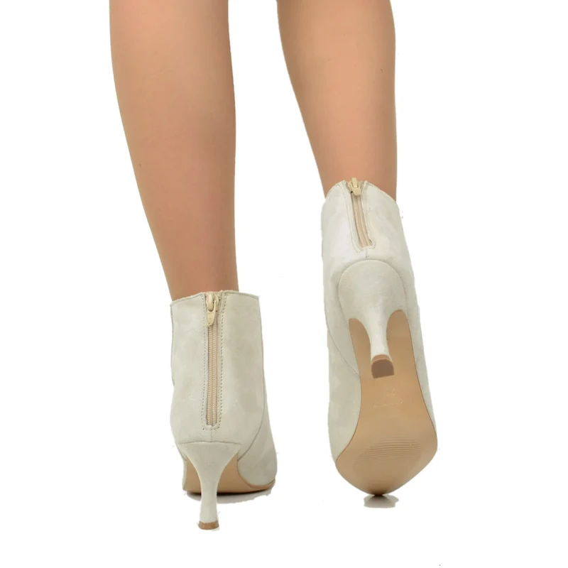 Stivaletti Donna Estivi in Pelle Scamosciata Beige con Zip