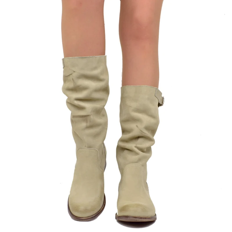 Stivali Donna Estivi in Pelle Nabuk Vintage Taupe Made in Italy
