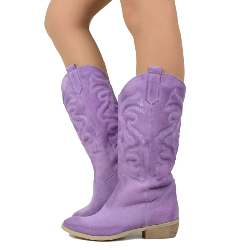 Stivali Texani Donna in Pelle Scamosciata Lilla Made in Italy