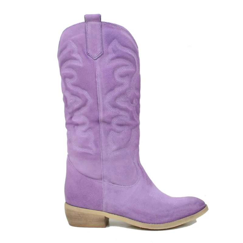 Stivali Texani Donna in Pelle Scamosciata Lilla Made in Italy