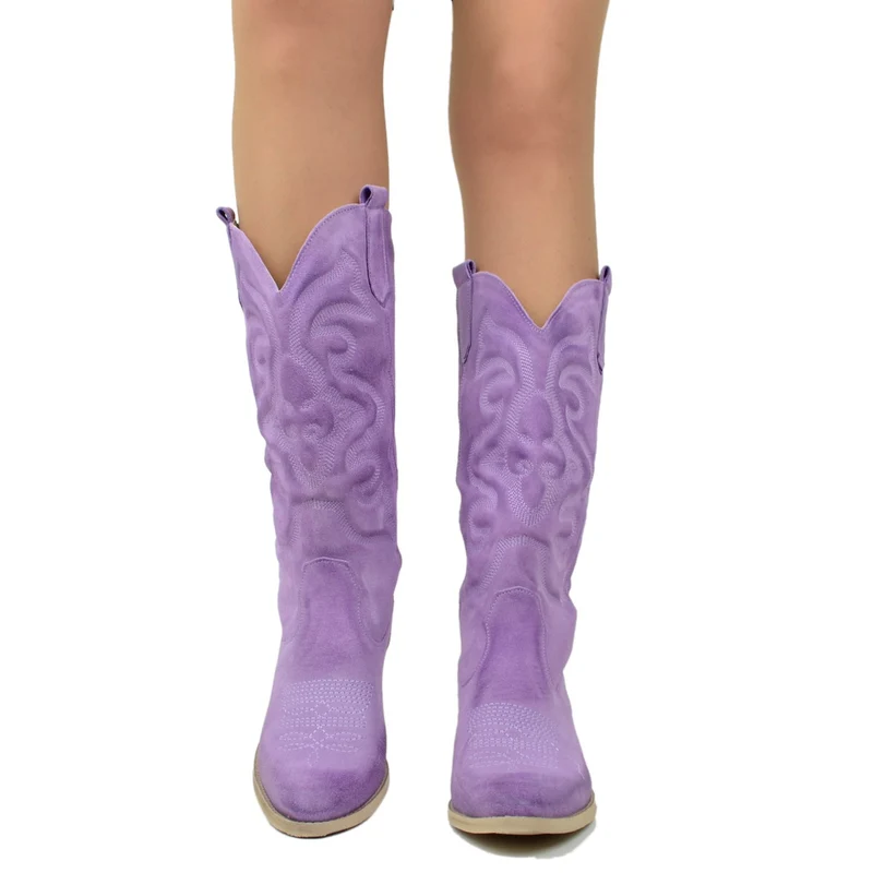 Stivali Texani Donna in Pelle Scamosciata Lilla Made in Italy