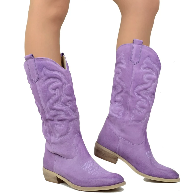 Stivali Texani Donna in Pelle Scamosciata Lilla Made in Italy