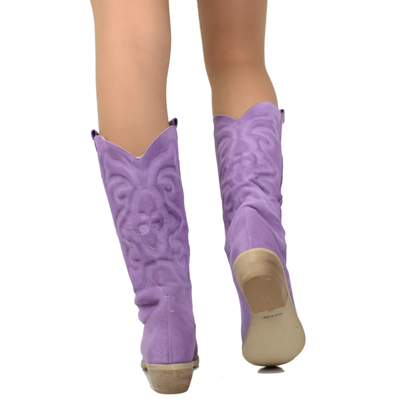 Stivali Texani Donna in Pelle Scamosciata Lilla Made in Italy