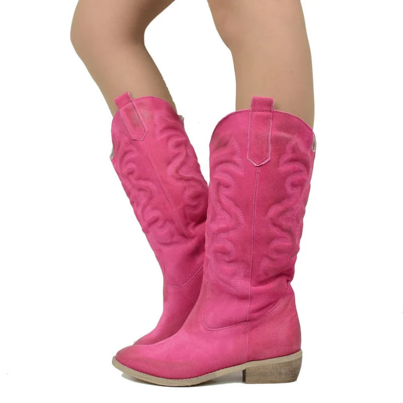 Stivali Texani Donna in Pelle Scamosciata Fuxia Made in Italy