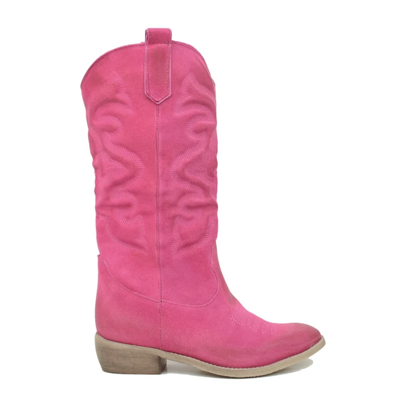 Stivali Texani Donna in Pelle Scamosciata Fuxia Made in Italy