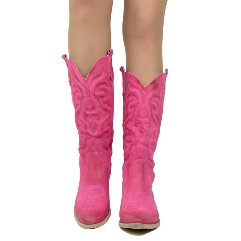 Stivali Texani Donna in Pelle Scamosciata Fuxia Made in Italy