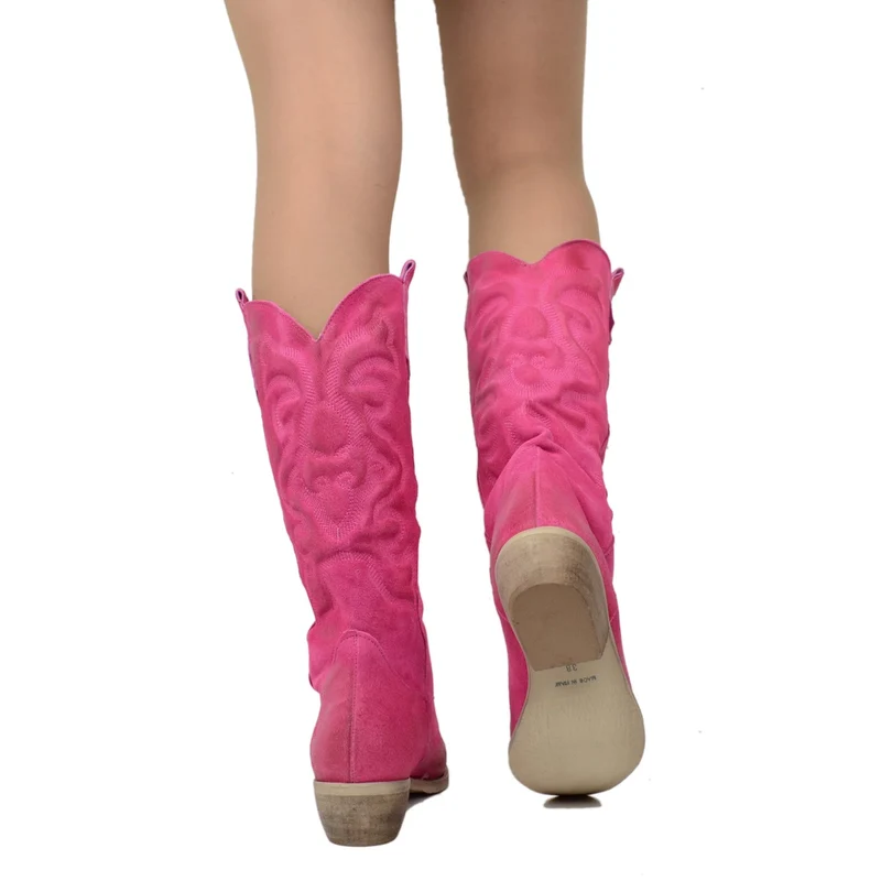 Stivali Texani Donna in Pelle Scamosciata Fuxia Made in Italy