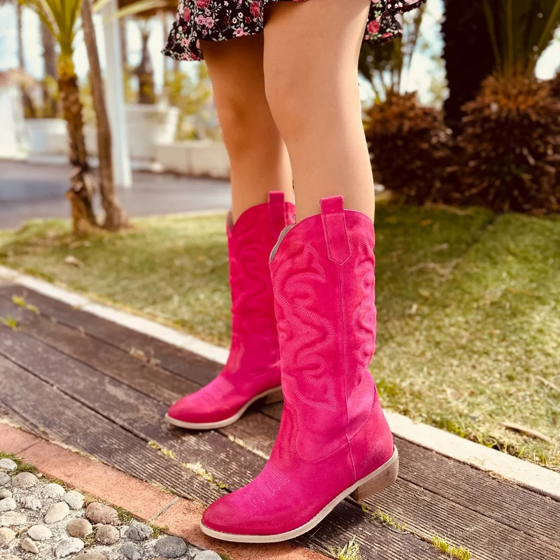 Stivali Texani Donna in Pelle Scamosciata Fuxia Made in Italy