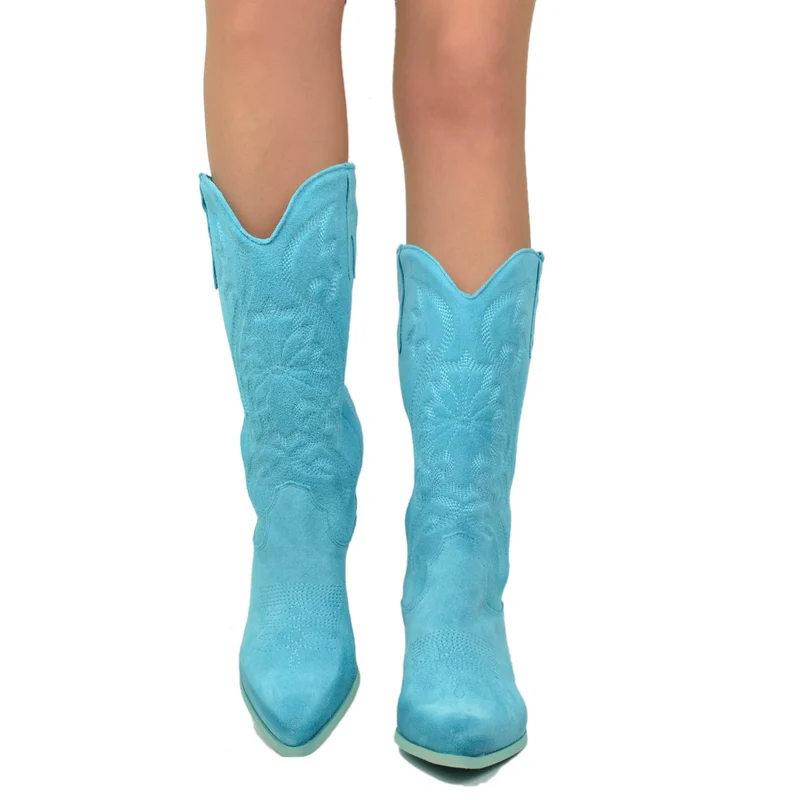 Stivali Donna Texani Estivi in Pelle Scamosciata color Turchese