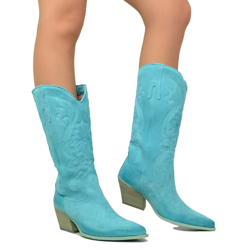 Stivali Donna Texani Estivi in Pelle Scamosciata color Turchese