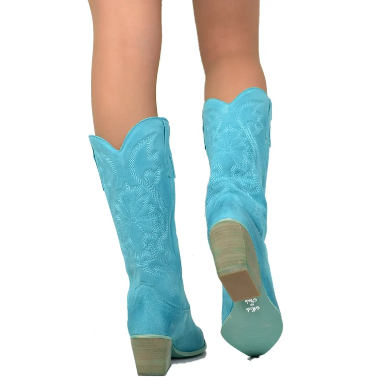 Stivali Donna Texani Estivi in Pelle Scamosciata color Turchese